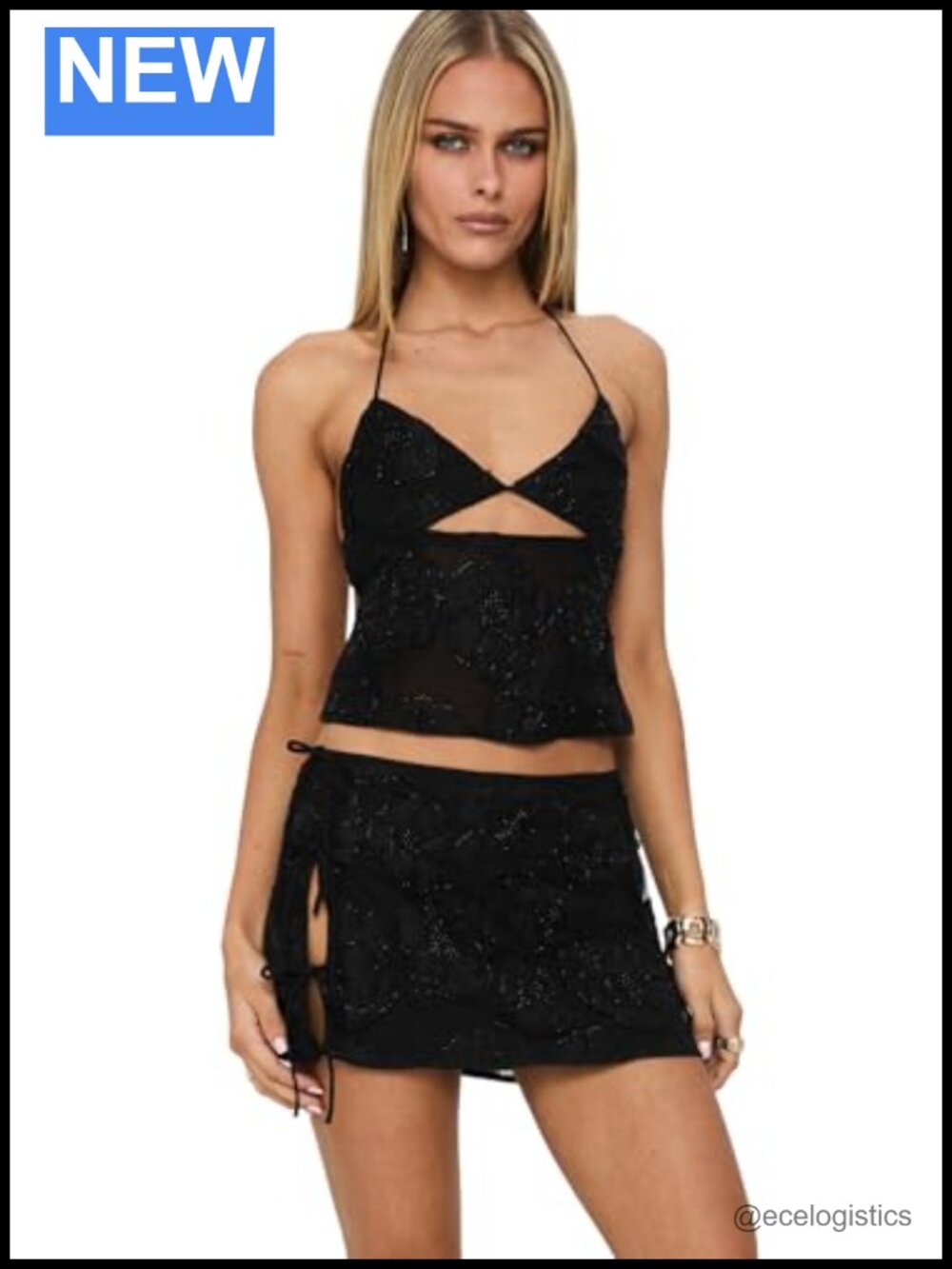 Women's Beaded Tie Mini Skirt with Zip Closure, Fully Lined